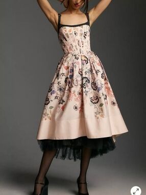 Anthropologie Floral Print Corset Tulle Hem Dress Medium Pink Combo